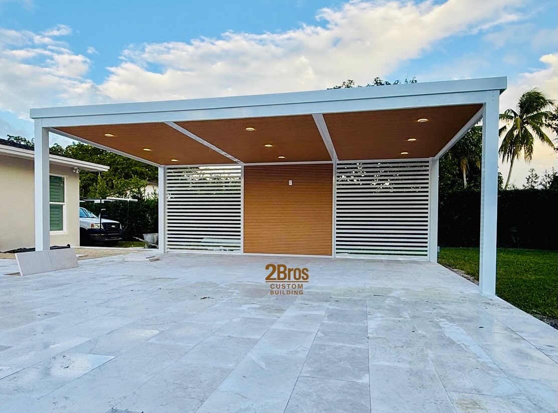Modern white pergola with louvered privacy panels and recessed LED lighting